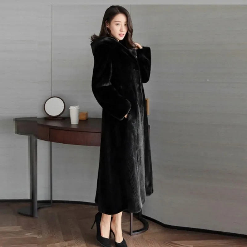 Luxury Brand Fur Coats Women Big Size Long Faux Fur Jacket Hooded Warm Thick Winter Outerwear Black Faux Mink Fur Coat Clothing