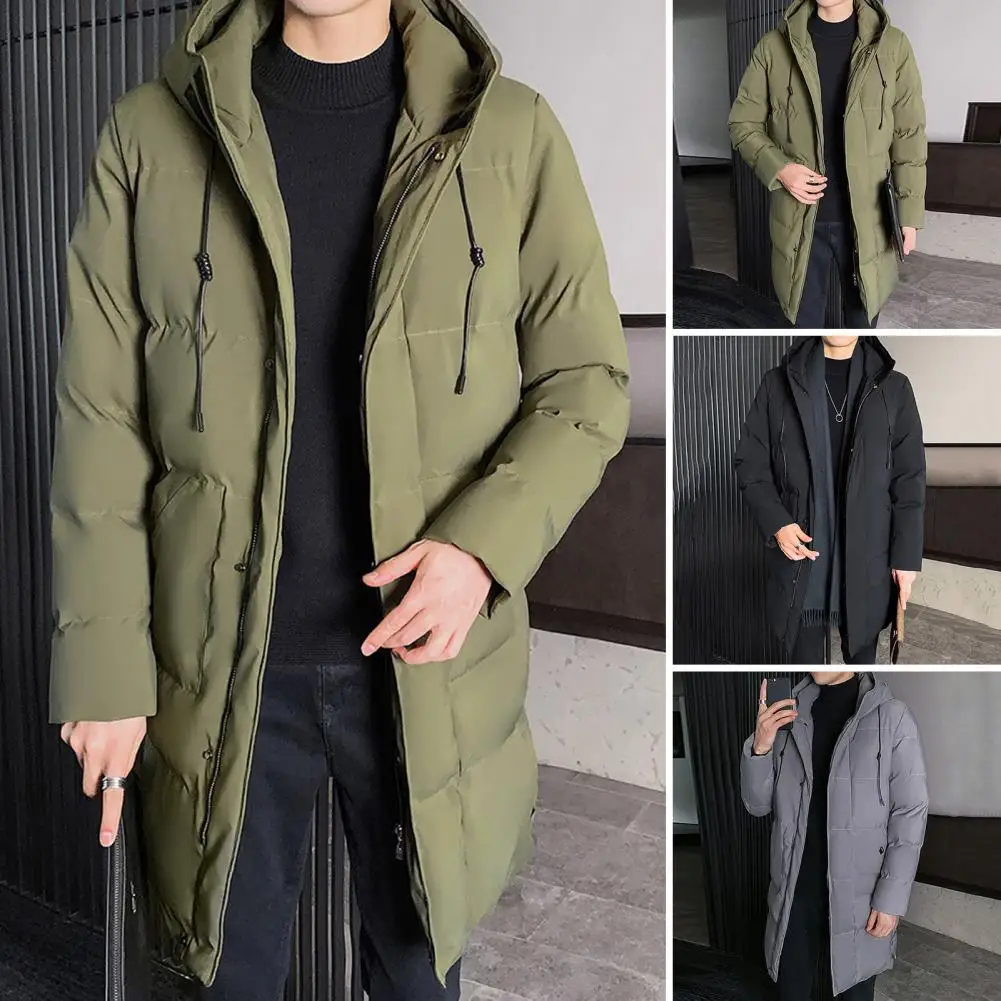 Men Cotton Coat Hooded Drawstring Full Zipper Closure Cotton Jacket Solid Color Mid-length Winter Outwear