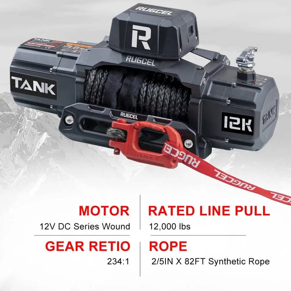 RUGCEL WINCH 12000lb New Waterproof Electric Synthetic Rope Winch 12V with Hawse Fairlead,2 in 1 Infrared Remote Control