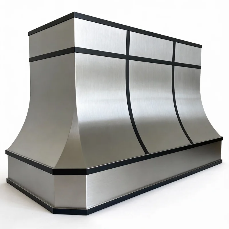 Custom Architectural Heavy Gauge 304 Stainless Steel Range Hood Cover Brushed Black Straps Curved Profile Wall Mounted for