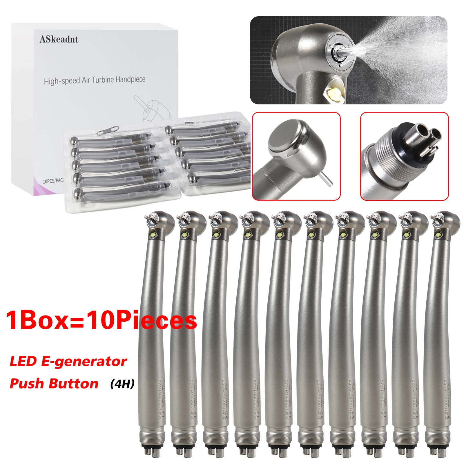 10 шт./кор., стоматологическая стандартная головка в стиле KAVO, светодиодный электронный генератор, оптоволоконная кнопка, высокоскоростной наконечник, 3 распыления, 4 отверстия ASKEADNT