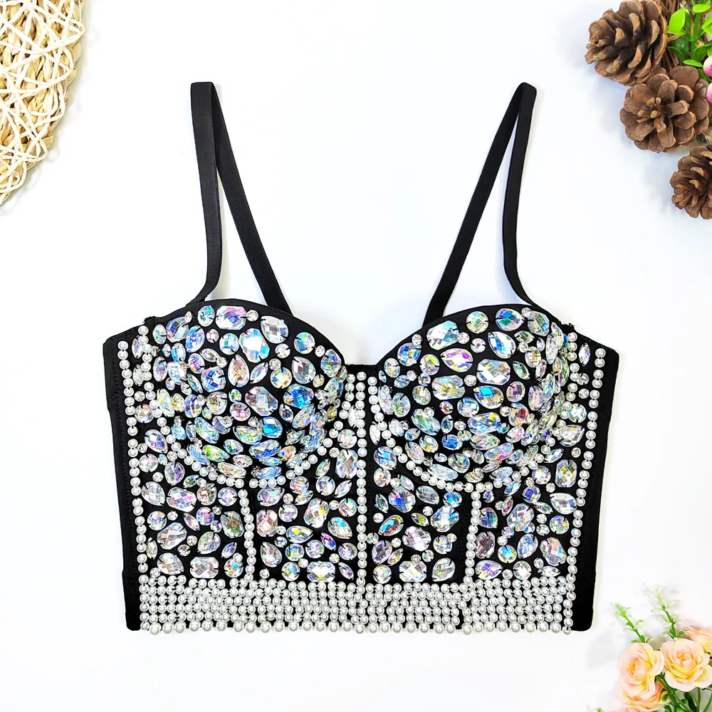 Women Sexy V-Neck Rhinestone Bustier Bra Sexy Glitter Colored Diamond Gemstone Push Up Corset Camisole Rave Sling Crop Top