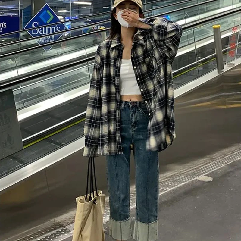 Rimocy Autumn All Match Plaid Shirts for Women Korean Fashion Button Up Oversized Shirt Woman 2024 Aesthetic Loose Blouse Female