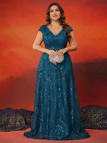 Vestidos de Noche Elegantes de Talla Grande con Lentejuelas, Espalda en V, Manga Corta, Vestidos Largos de Lujo para Mujer, Estilo Línea A, para Fiesta de Graduación, Boda, Cóctel