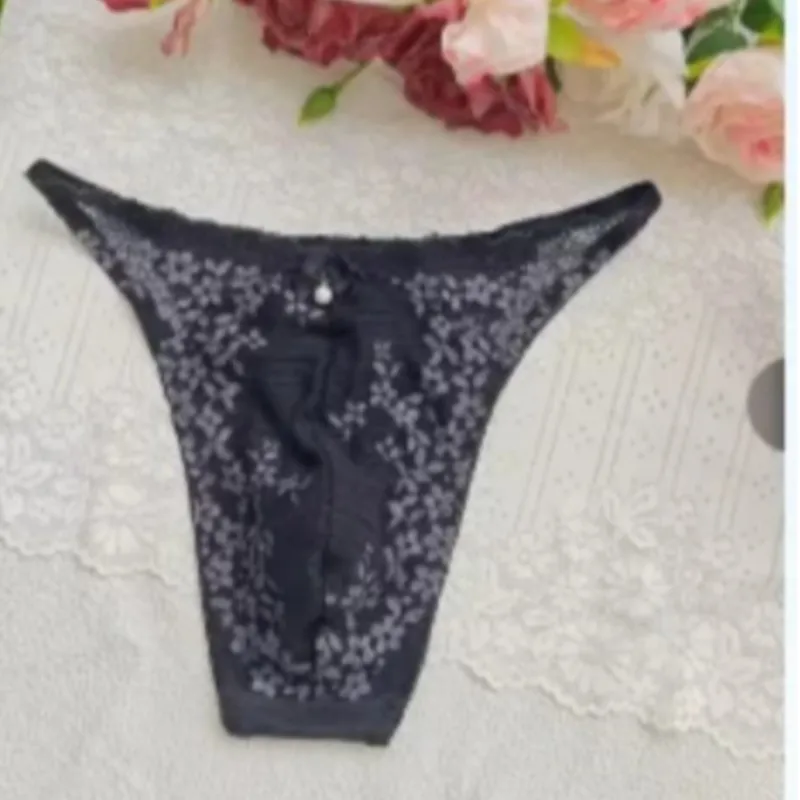 Black Lace Man's T-brief G-string Embroidery Low Waist Cotton Crotch Sexy Convex Pouch Thong Comfortable Breathable Underwear