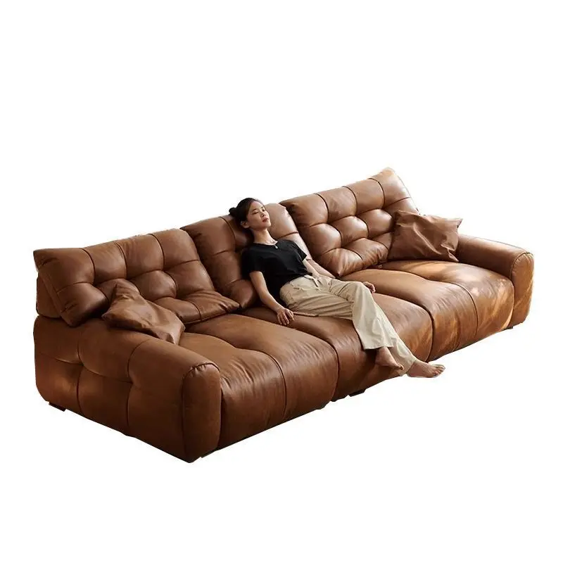 

Italian minimalist black bear leather sofa, living room straight row leather art sofa
