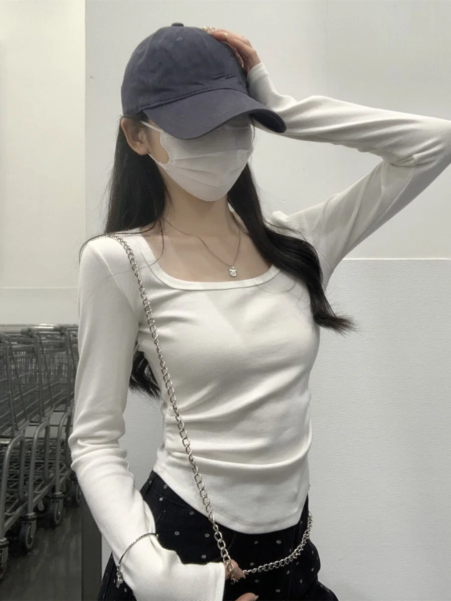 

Slim Fit Korean Sle Square Collar Long Sve T-irt Pure Cotton Folded Design Autumn Faion Women's Top Casual Tee