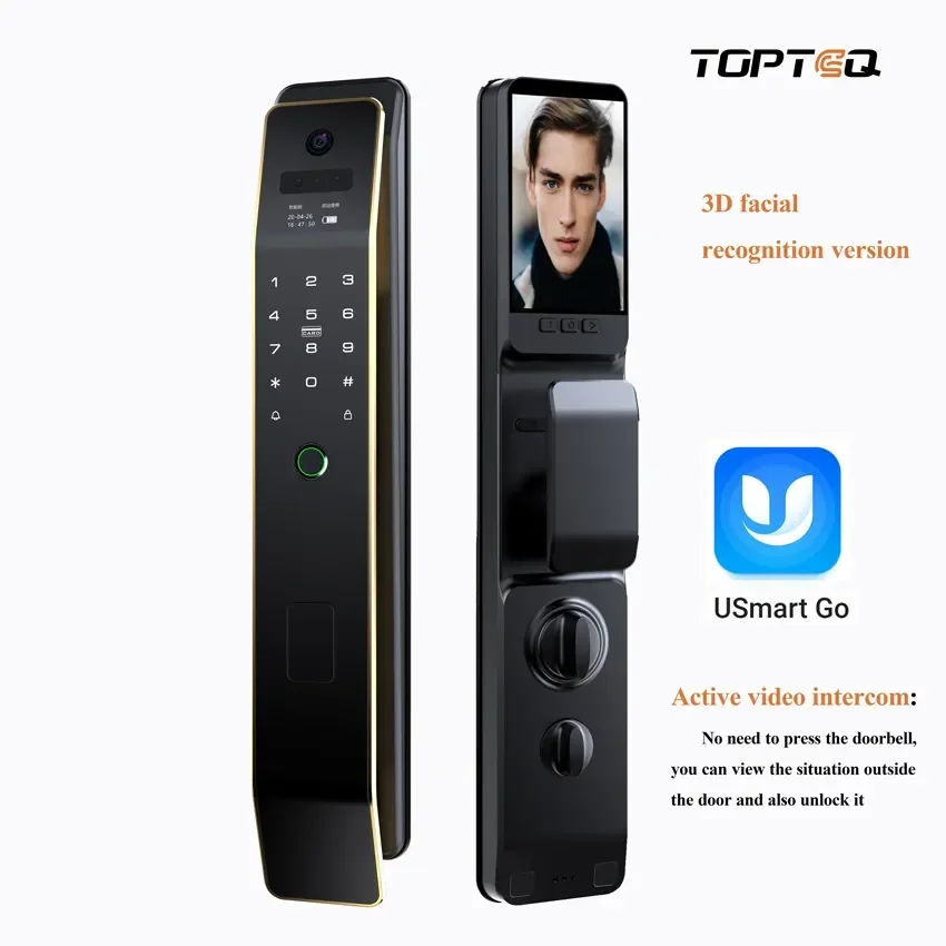 Topteq US8 kunci pintu cerdas sidik jari, pengenalan wajah 3D Digital Usmart Go App dengan kamera