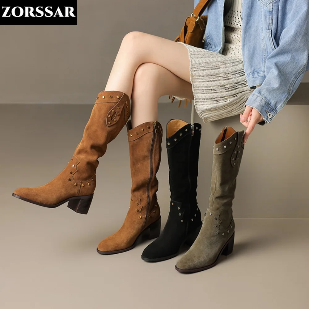 

Plus Size 42 Woman Suede Boots Knee High Autumn Winter Fashion Rivet Knight Elegant Woman Zipper Chunky Heels Thigh High Boots