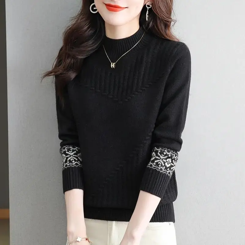 Half High Collar Screw Thread Lantern Long Sleeve Autumn Winter Women\'s Clothing Pullover Sweater Knitted Flattering Tops