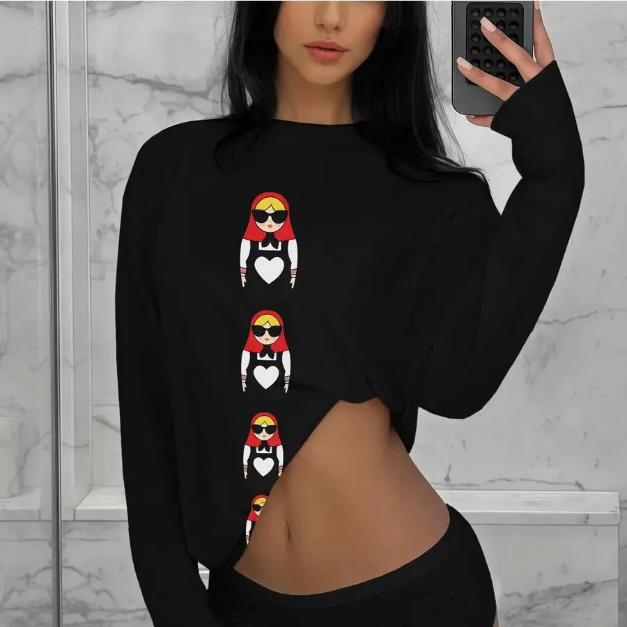 Bequeme Bluse, 100 % Baumwolle, langärmelig, T-Shirt, russischer süßer Cartoon-Puppen-Aufdruck, lustige Rundhalsausschnitt-Tops, russische Mädchen-Streetwear