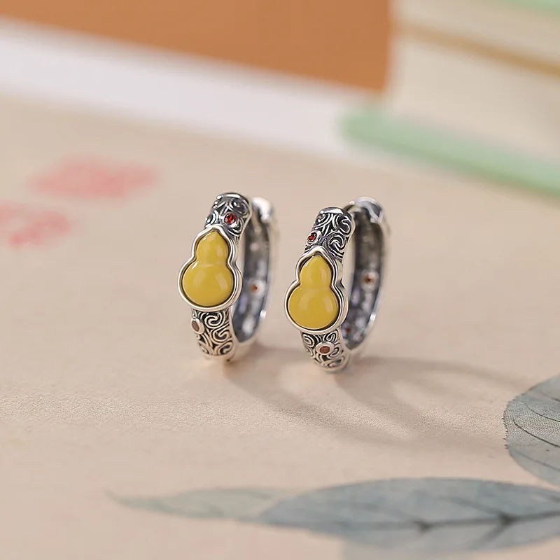 

S925 Sterling Amber Earrings Grass Pattern Gourd Silver Jewelry