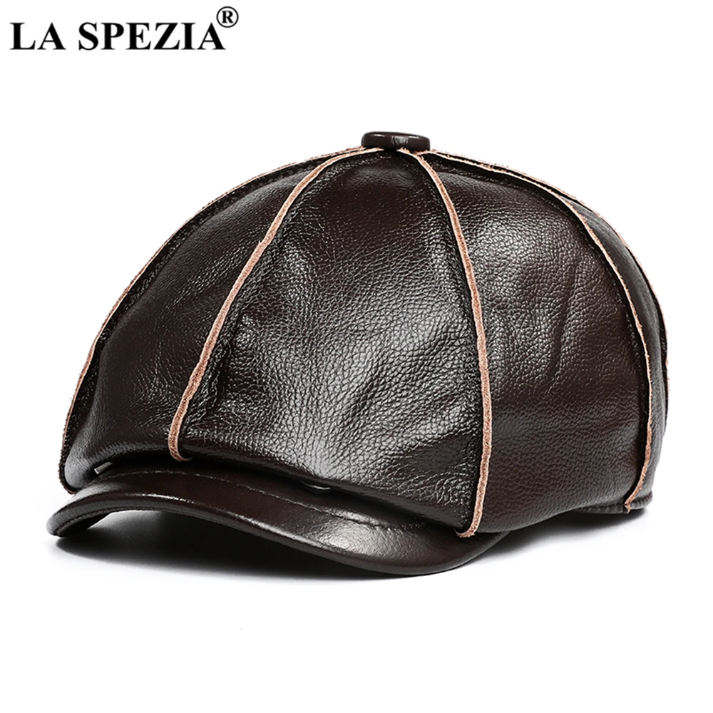 LA SPEZIA Genuine Leather Newsboy Cap Men Real Cowskin Leather Octagonal Hat Autumn Winter HIgh Quality Hats for Men Accessories