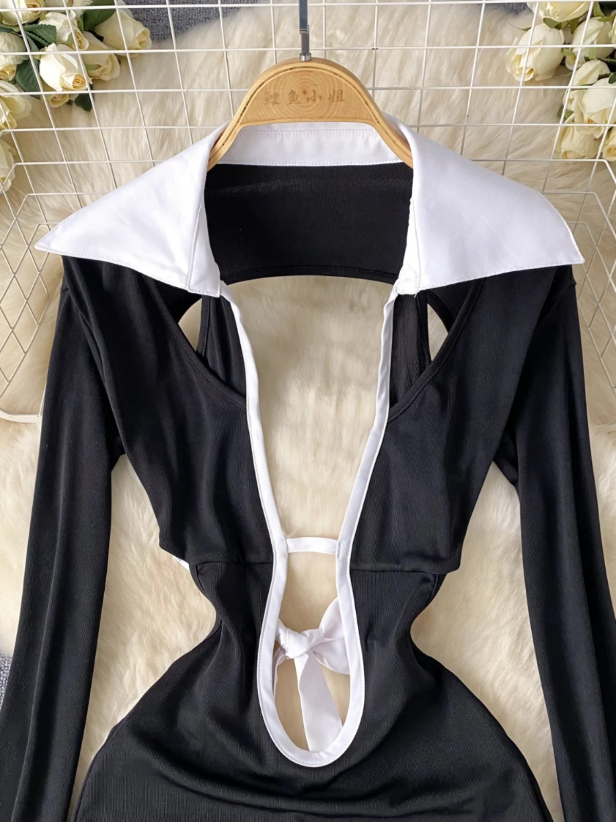 بدلة نسائية مثيرة بأكمام طويلة وتصميم مجوف مع ياقة متعددة الألوان وبنطلون نحيف بخصر مرتفع بأسلوب عملي أنيق للصيف #3