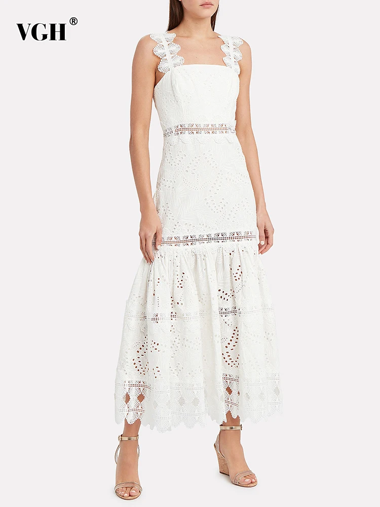 

VGH Hollow Out Slimming Elegant Dress For Women Square Collar Sleeveless High Waist Spliced Lace Temperament Dresses Female New