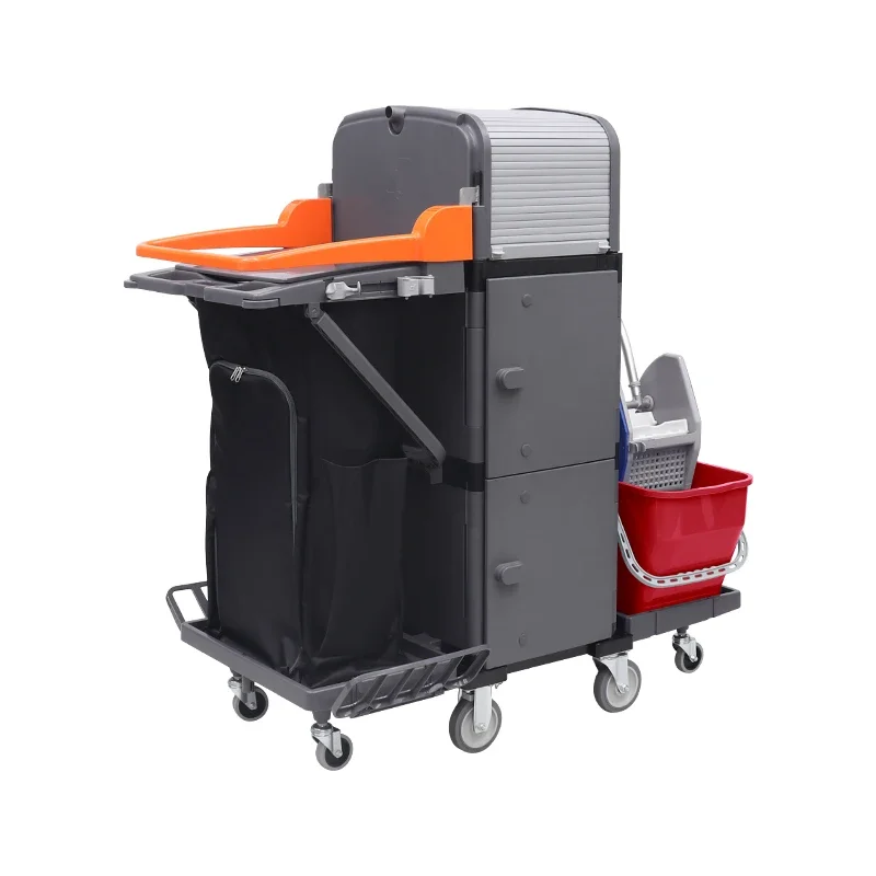 Restaurant Down Press Wringer Double Bucket Janitor Truck Cleaning Trolley With Rubbish Collection Bag