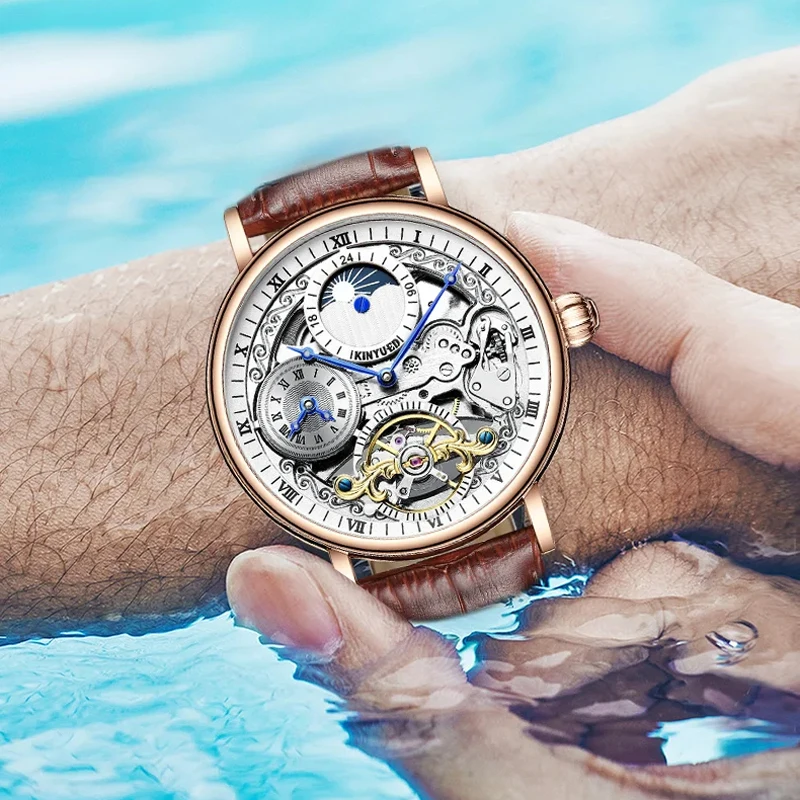 KINYUED Men Watches Automatic Mechanical Watch Dual Time Zone Tourbillon Clock Leather Waterproof Watch Men Military Wristwatch