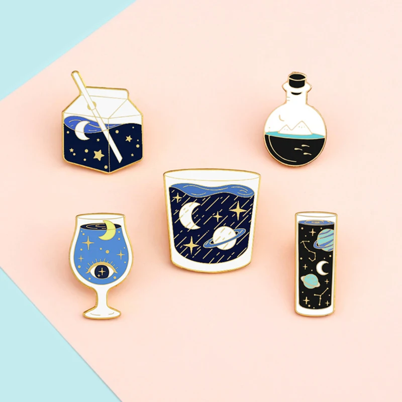 Ocean Starry Sky Bottles Enamel Pins Moon Star Planet Sea Wave Brooches Lapel Badge Backpack Hat Cartoon Jewelry Gift for Kids