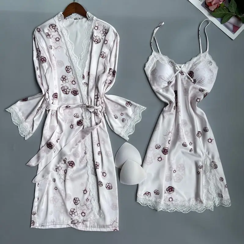 Print Nighty&Robe Set Summer New Bathrobe Gown Women Lace Kimono Sleepwear Casual Silky Satin Nightgown Home Dress Lounge Wear