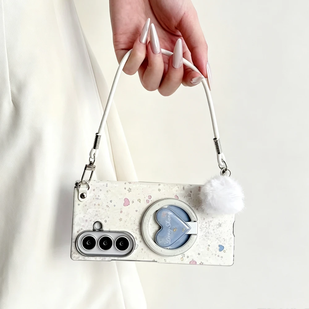 Cute Heart Magnetic kickstand Case For Samsung Galaxy Z Fold 8 Ultra 7 6 5 Fluffy Pom‑pom Hand Strap Shockproof Protective Cover