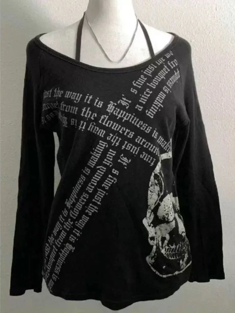 Dark Academia 2000s Retro Loose T-shirt Women Gothic Rock Punk Y2k Babes Tops High Street Skull Print Long Sleeve Casual Clothes