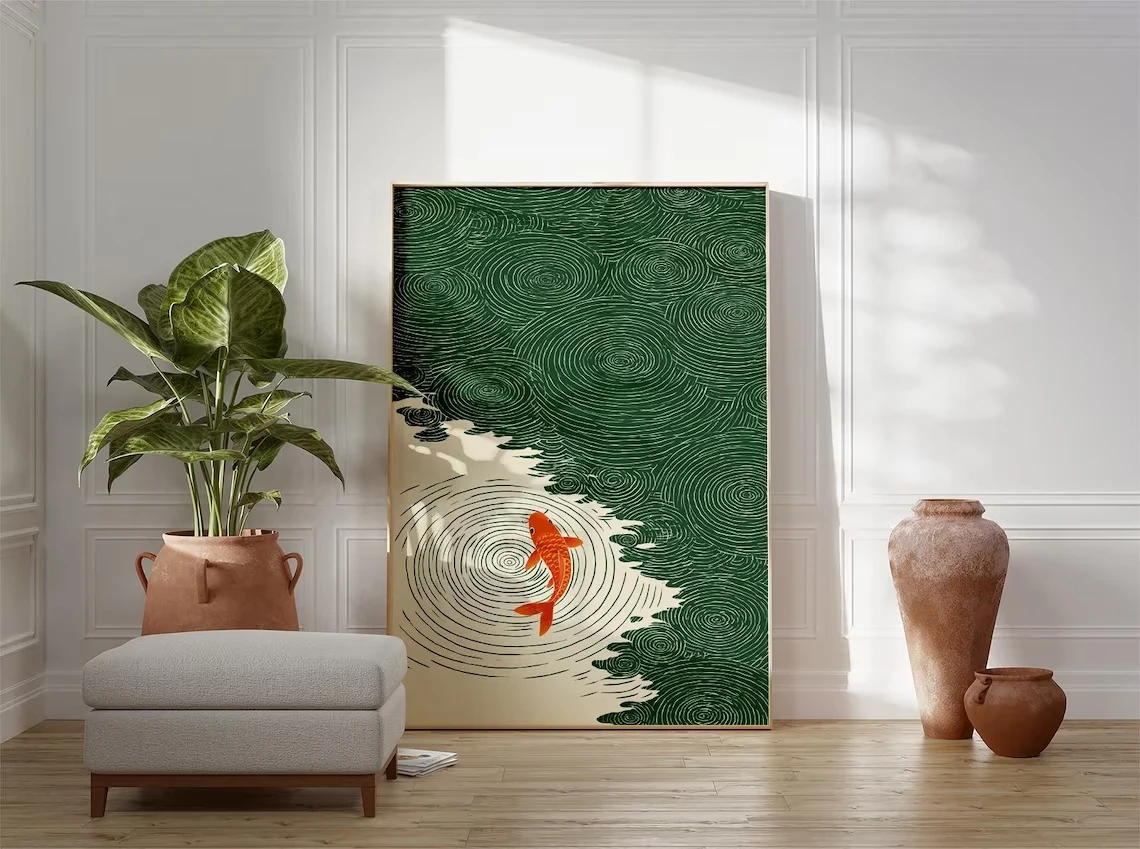 Retro Japanese Ripple Illustration Green&Orange Wall Art Print Canvas Painting Poster Picture For Living Room,Bedroom Home Decor