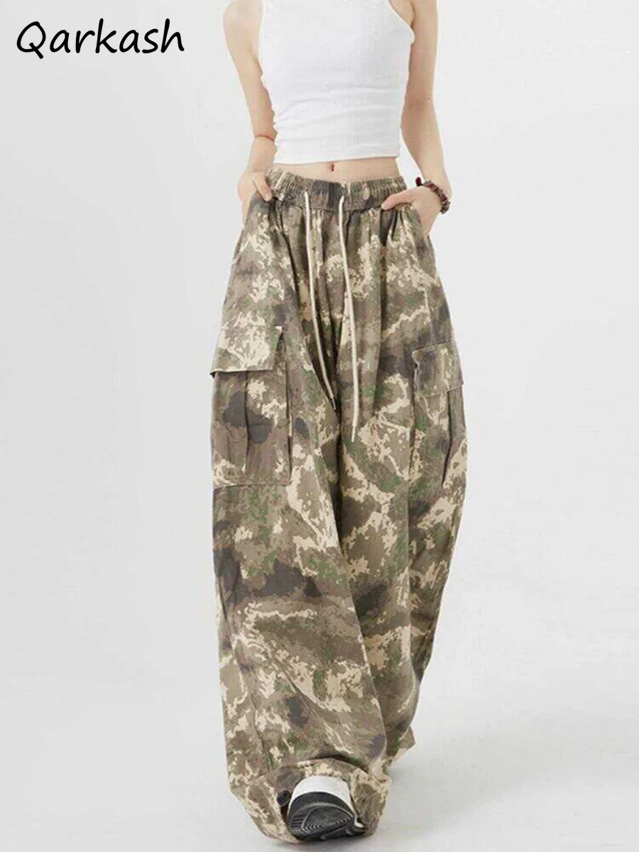 

Casual Pants Women American Retro Camouflage Overalls High Street Hip-hop Loose Autumn Print Multiple Pockets Personality Chic