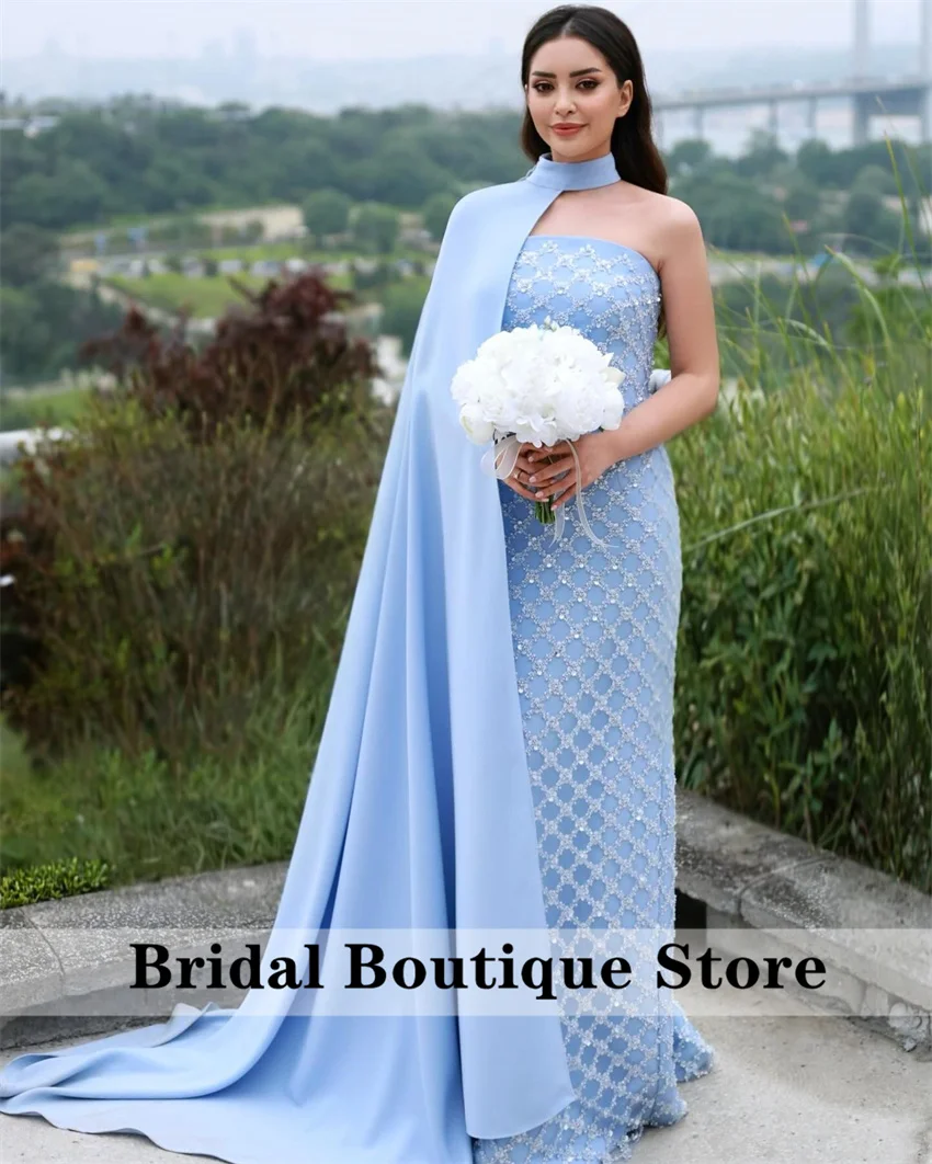 

Luxury Sky Blue Saudi Arabic Evening Dresses 2025 With Cape Beading Crystals Birthday Prom Party Dress Vestidos Customized