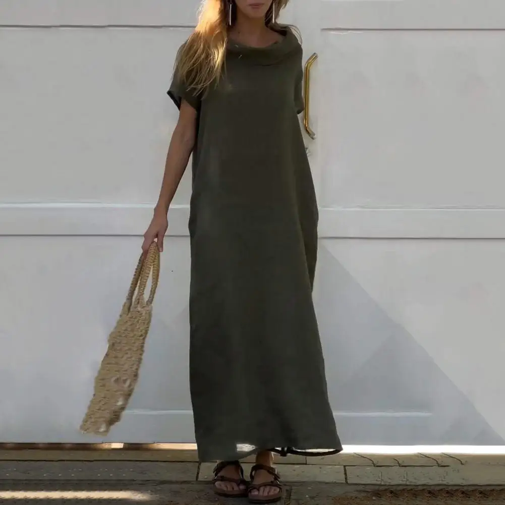 Women Stacked Collar Dress Elegant Summer Maxi Dress With Piled Neck Side Pockets For Women Solid Color Ankle Length Wear Outfit