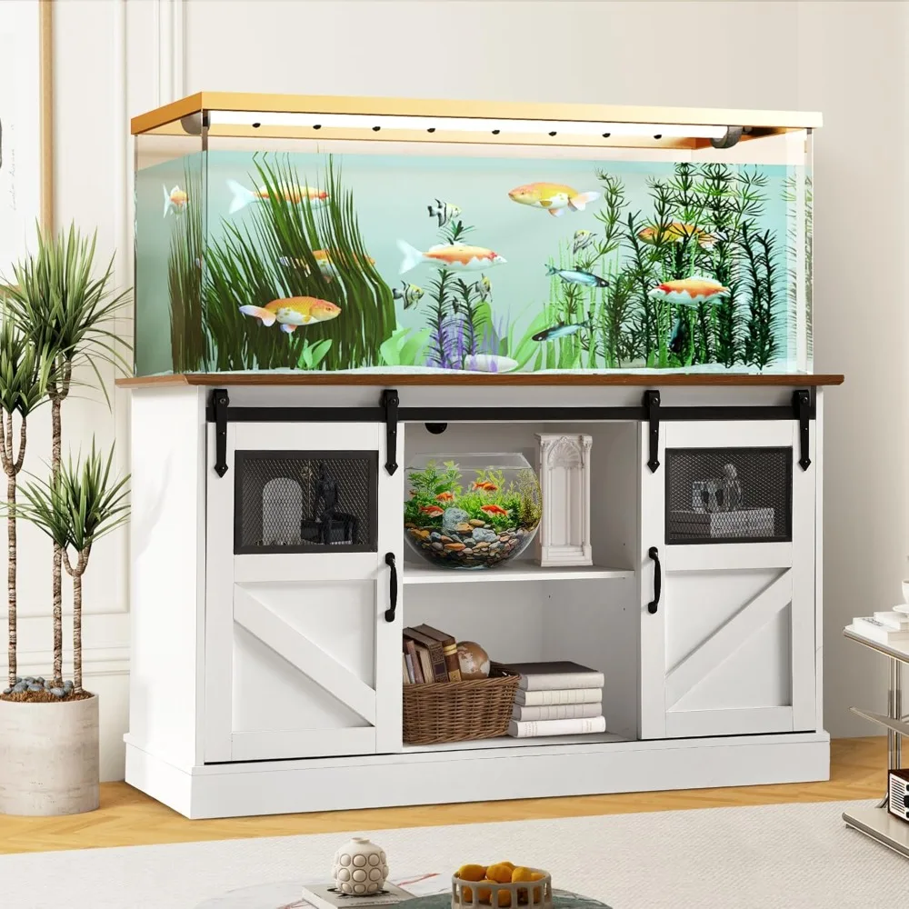 

55-75 Gallon Fish Tank Stand with Power Outlet, Heavy Duty Large Aquarium Stand with Sliding Barn Door and Cabinet Storage