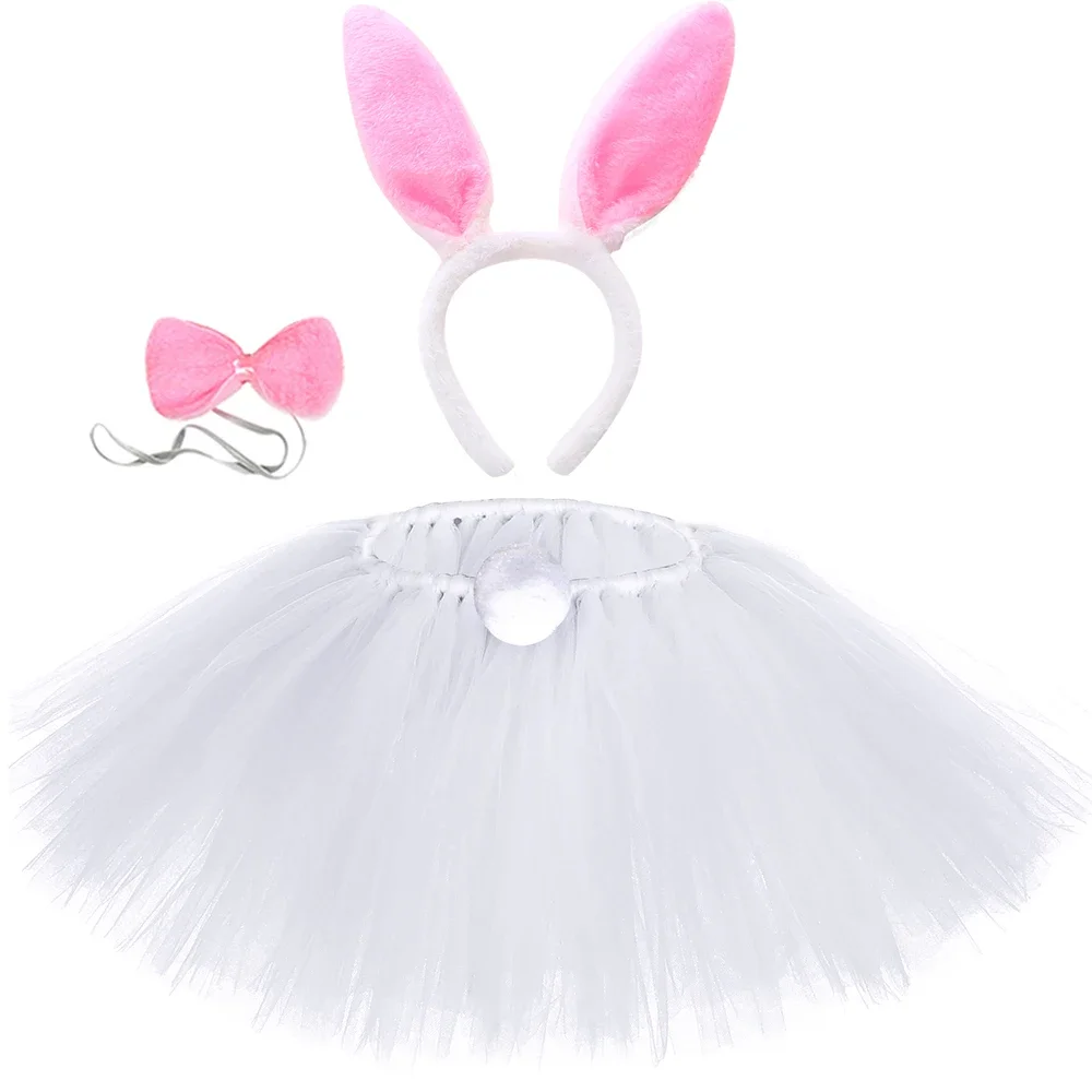 

Girls White Bunny Tutu Skirt Costume Kids Tulle Skirt with Rabbit Ears Bow Tie Tail Baby Girl Easter Birthday Party Tutus Outfit