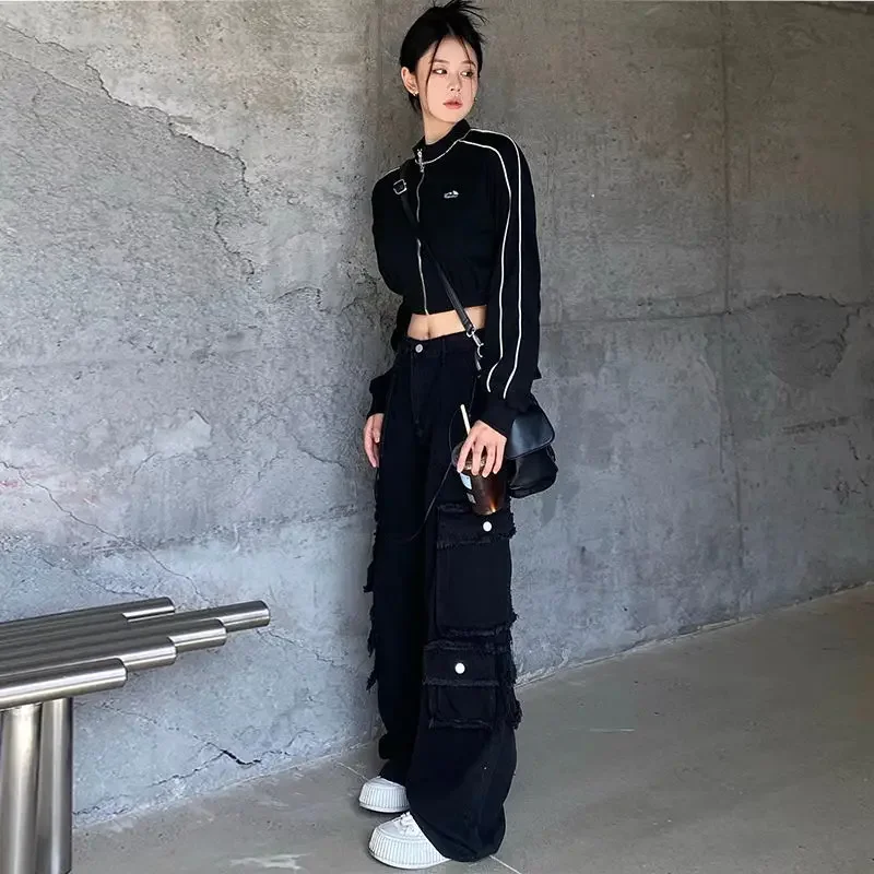 HOUZHOU Grunge Zip Up Hoodie Streetwear Women Korean Fashion Casual Slim Sweatshirts Striped Black Long Sleeve Cropped Hoodie