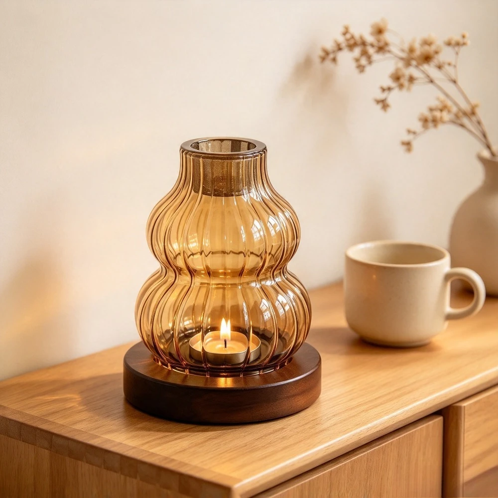 Gourd Shaped Ribbed Glass Candle Holder  Wood Base Vintage Windproof Candlestick Romantic Tabletop Home Ornament