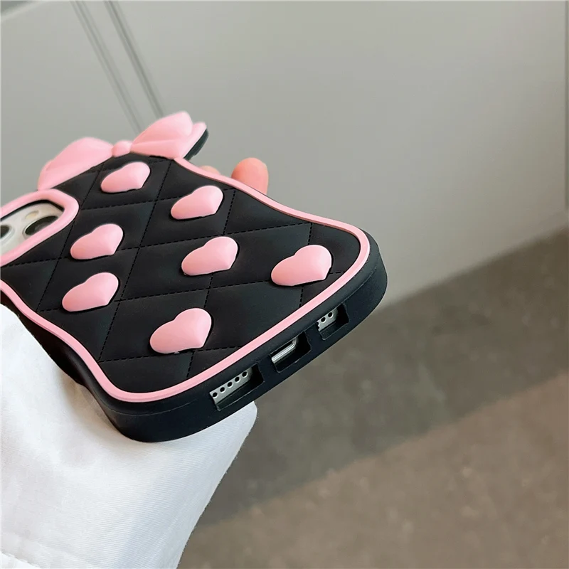 3D Cute Bowknot Heart Grid Soft Silicone Protective Phone Case for iPhone 11 12 13 14 15 Pro Max Lovely Girly Cover Shell