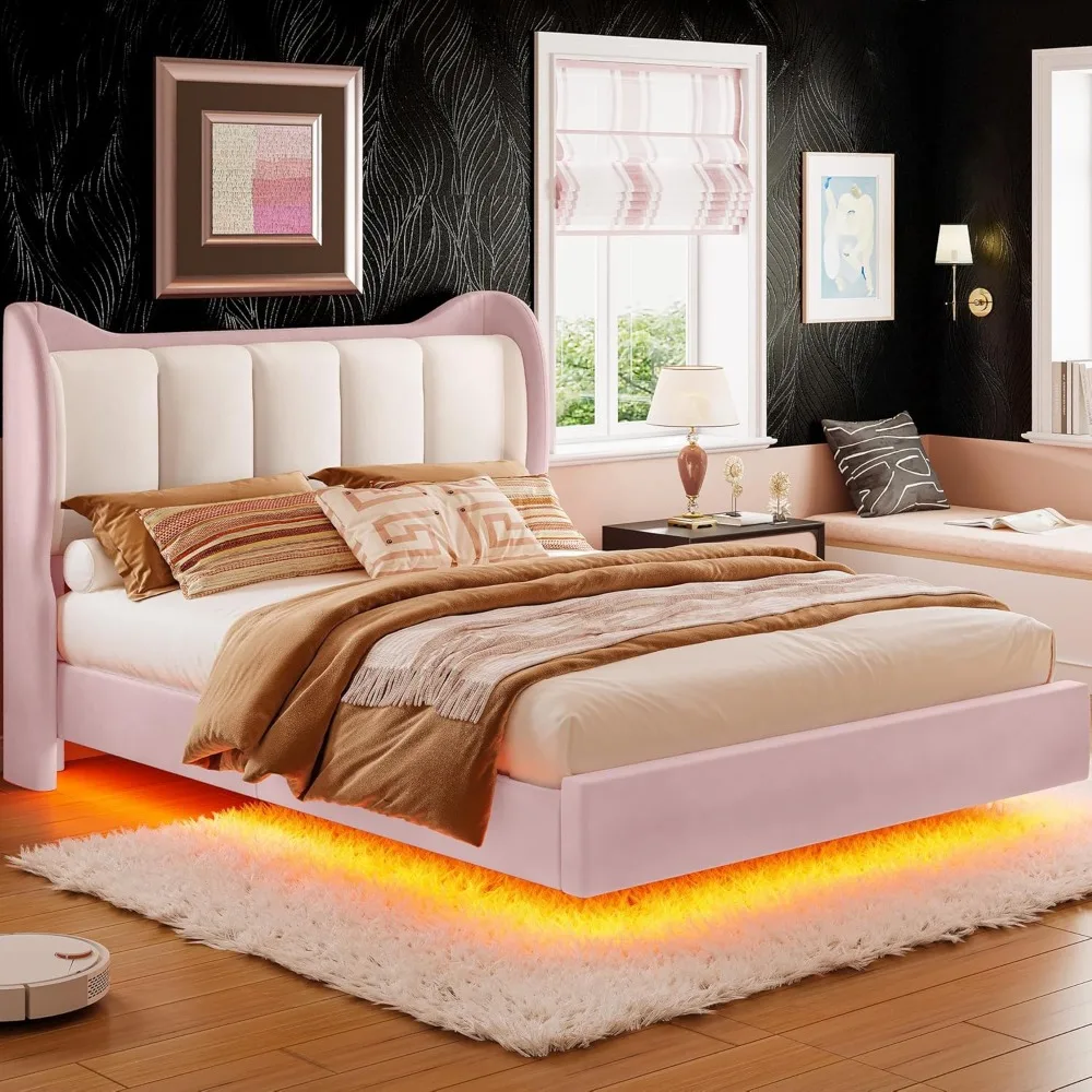 Floating Queen Bed Frame with LED Lights, Upholstered Queen Platform Bed Frames with Cartoon Cat Ears Shaped Headboard Bed Frame