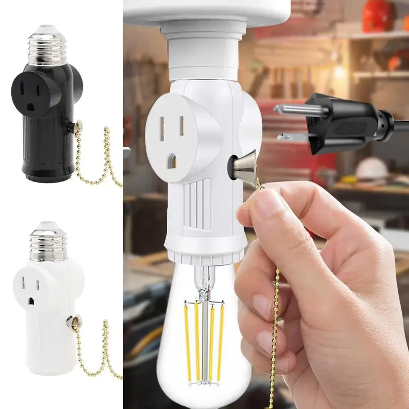 

White Black US Power Plug To E26Light Bulb Socket With Pull Chain America Lamp Holder Conversion Base 10A