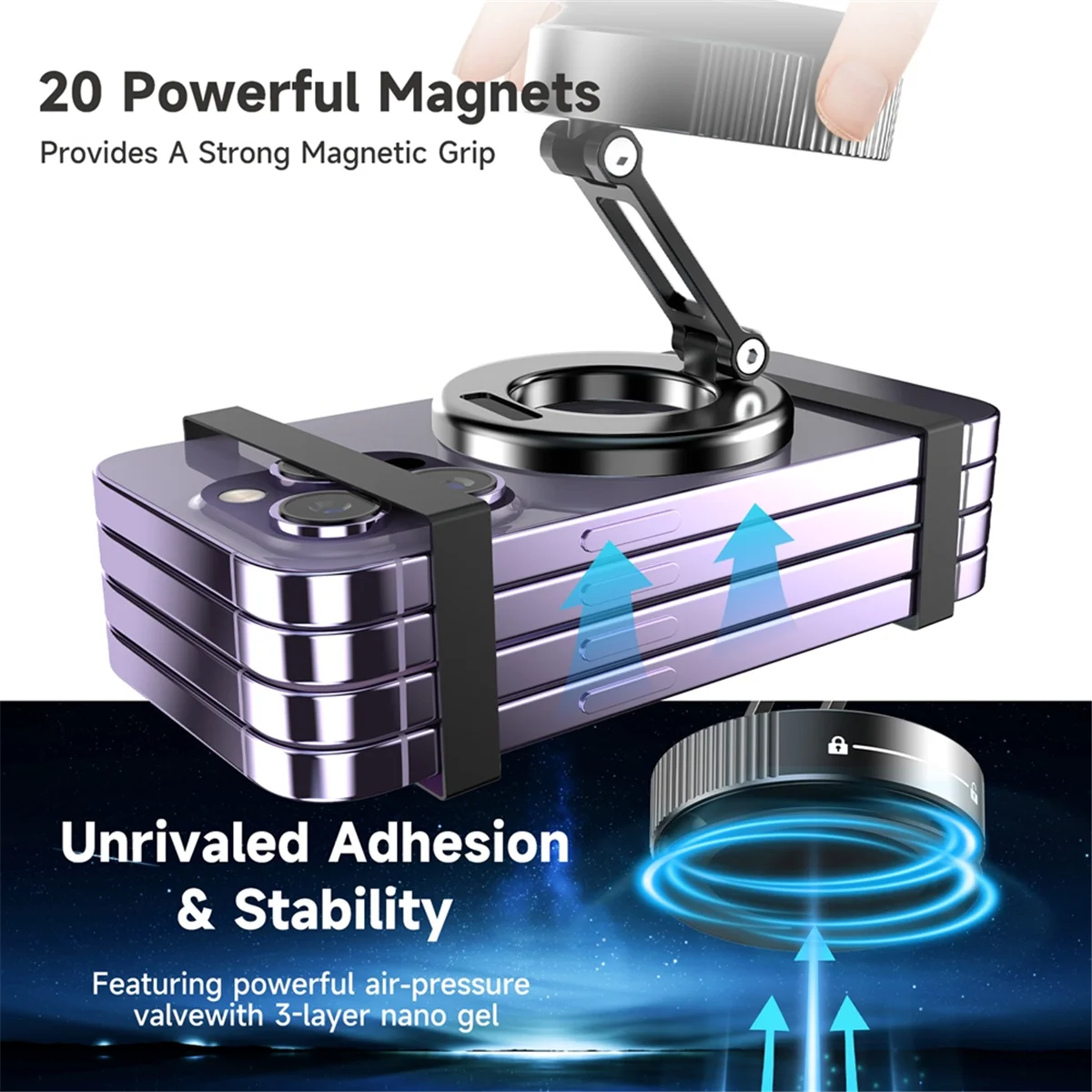 Top!Car Mount Vacuum Magnetic Holder Foldable Strong Suction Stand with Metal Hinges for Cell Phone Silver