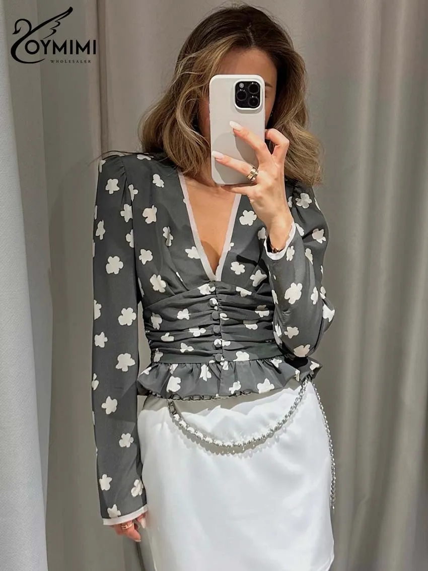 

Oymimi Women's Grey Vintage Satin Floral Print Blouse 2026 Spring V-Neck Puff Sleeve Ruched Peplum Waist Crop Top Chic Outfit