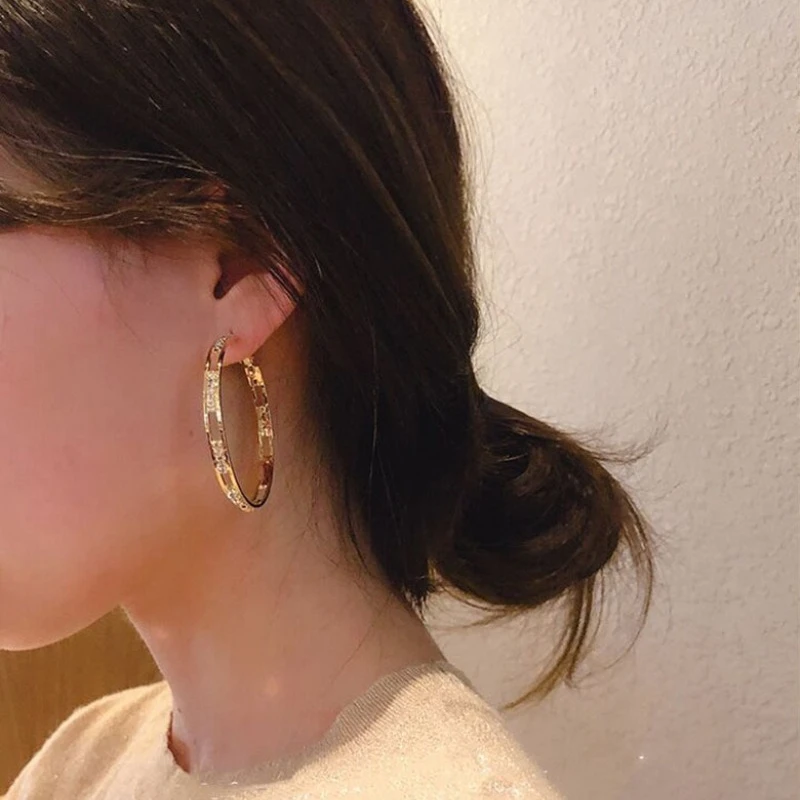 Charm Fashion Gold Color Geometric Hollow Circle Hoop Earrings for Women Charm Stainless Steel Zircon Dangle Party Jewelry Gift