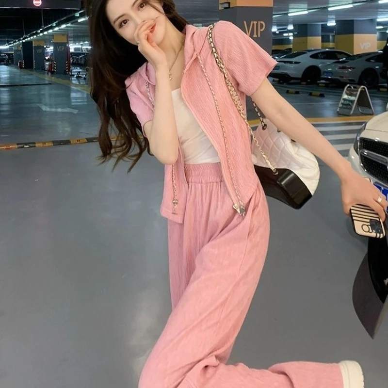 

Women's Pink 2026 Summer Casual Sports Two Piece Set Hooded Outfit Trendy Stylish Versatile Sweet Cool
