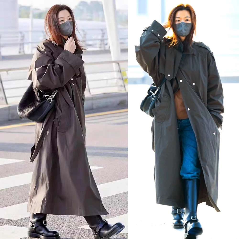 Selfwill Modern Windbreaker Coat with Belt Shoulder Drop Shoulder Style Women's Loose Fit Long Sleeve Mid-Length British Style