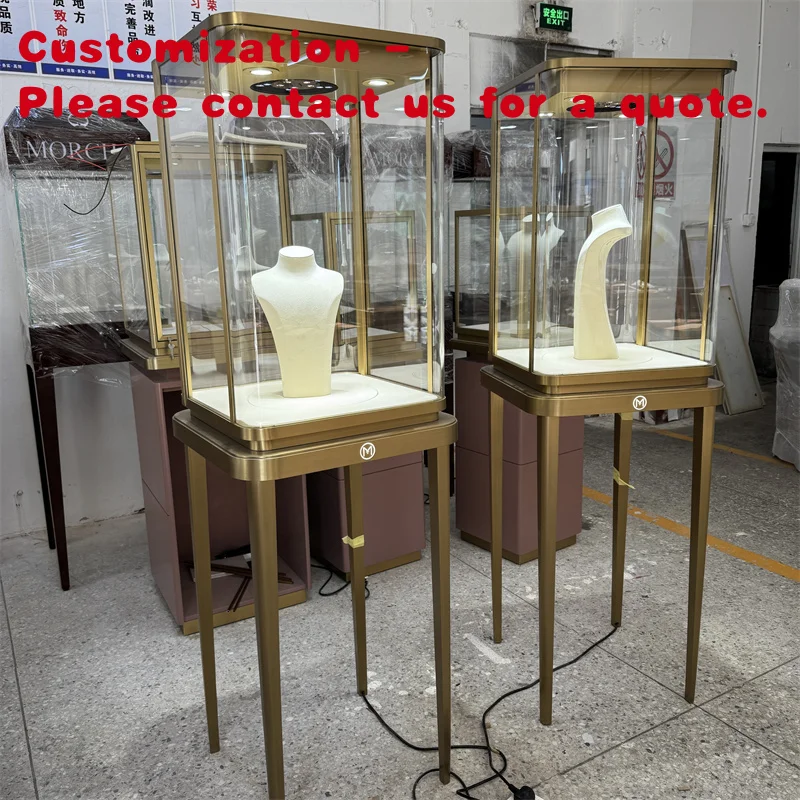 

custom.Luxury Stainless Steel Jewelry Display Cabinet LED Lights & Electronic Lock Curved Glass Tower Showcase