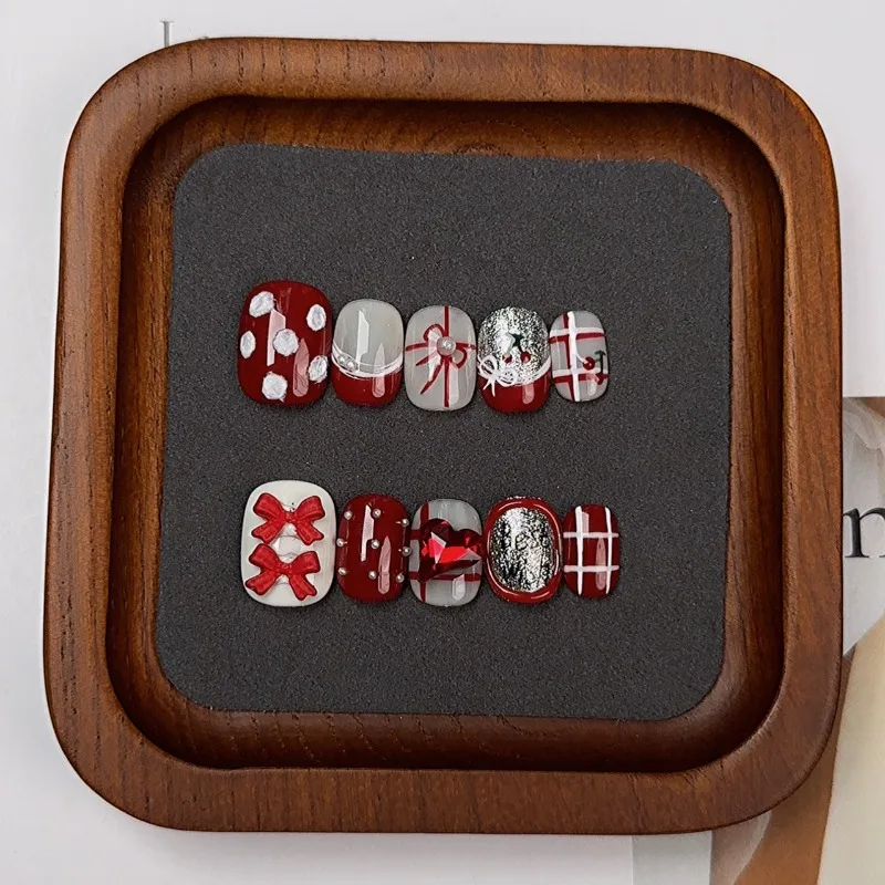 New Year's Festive Red Press on Nails Handmade Polka Dots Pearl Embellishment Bow Tie Sequins Short Fake Nail Patches