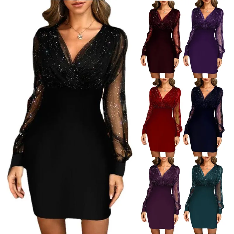 2024 autumn Mesh V-neck sequined foreign trade sexy long sleeved mini dresses sexy black bodycon short party club dress wine red