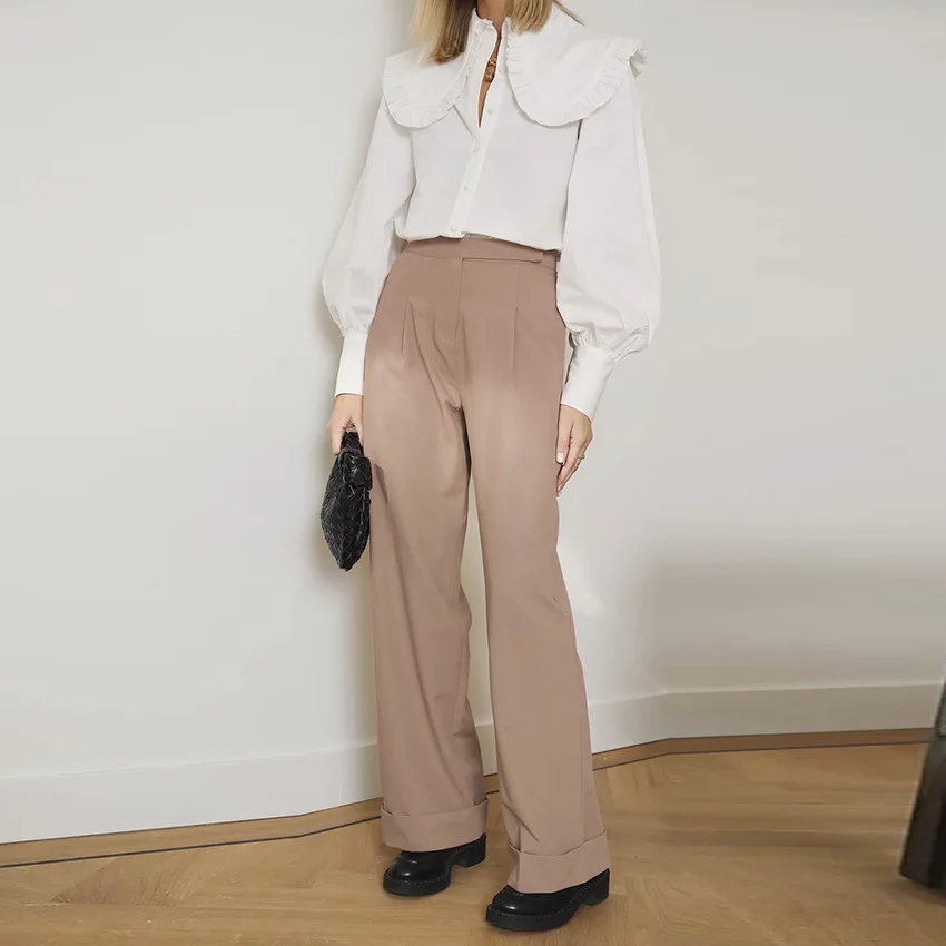 Spring Summer Black Ladies Office Trousers Women High Waist Pants Pockets Female Pleated Wide Leg Pants Solid 2023