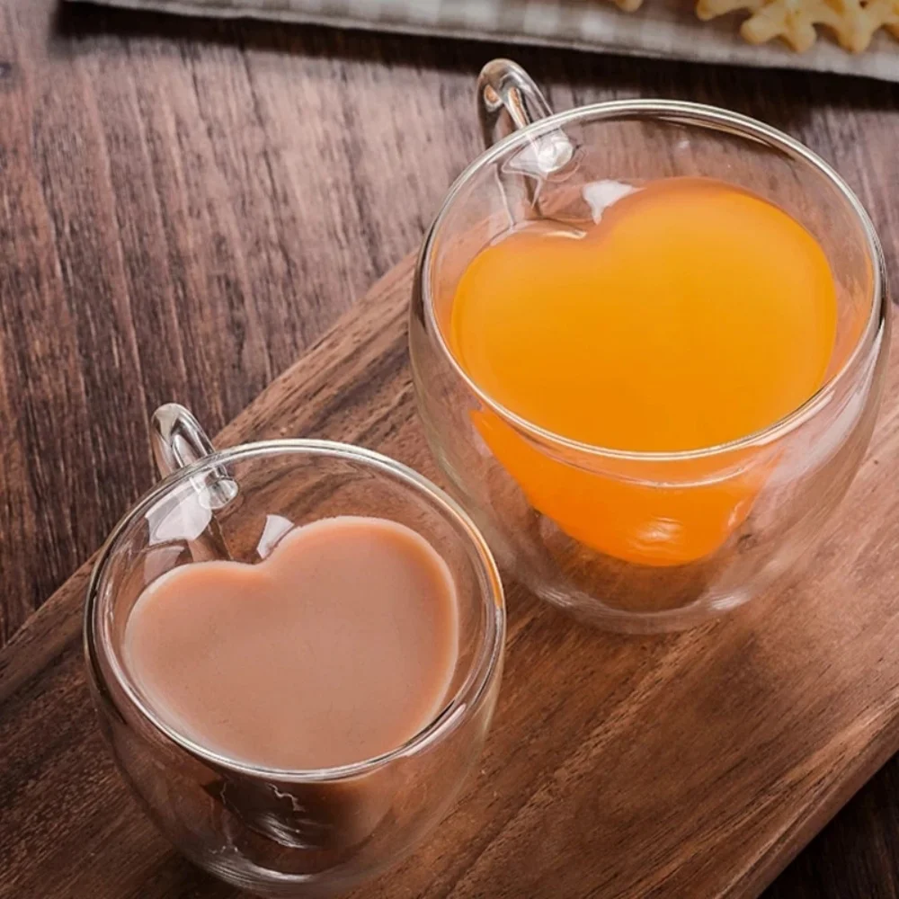 1/2er-Pack Herz-Tasse Paar-Tasse Doppelwandiges Glas Isolierte Klare Teetasse mit Henkel für Kaffee, Cappuccino, Latte, Milch Trinkgeschirr