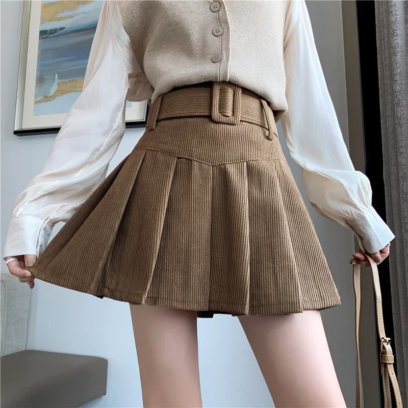 Autumn Winter Vintage Corduroy Pleated Women's A-line Skirts Sashes High Waist Office Sexy Mini Skater Skirt Female