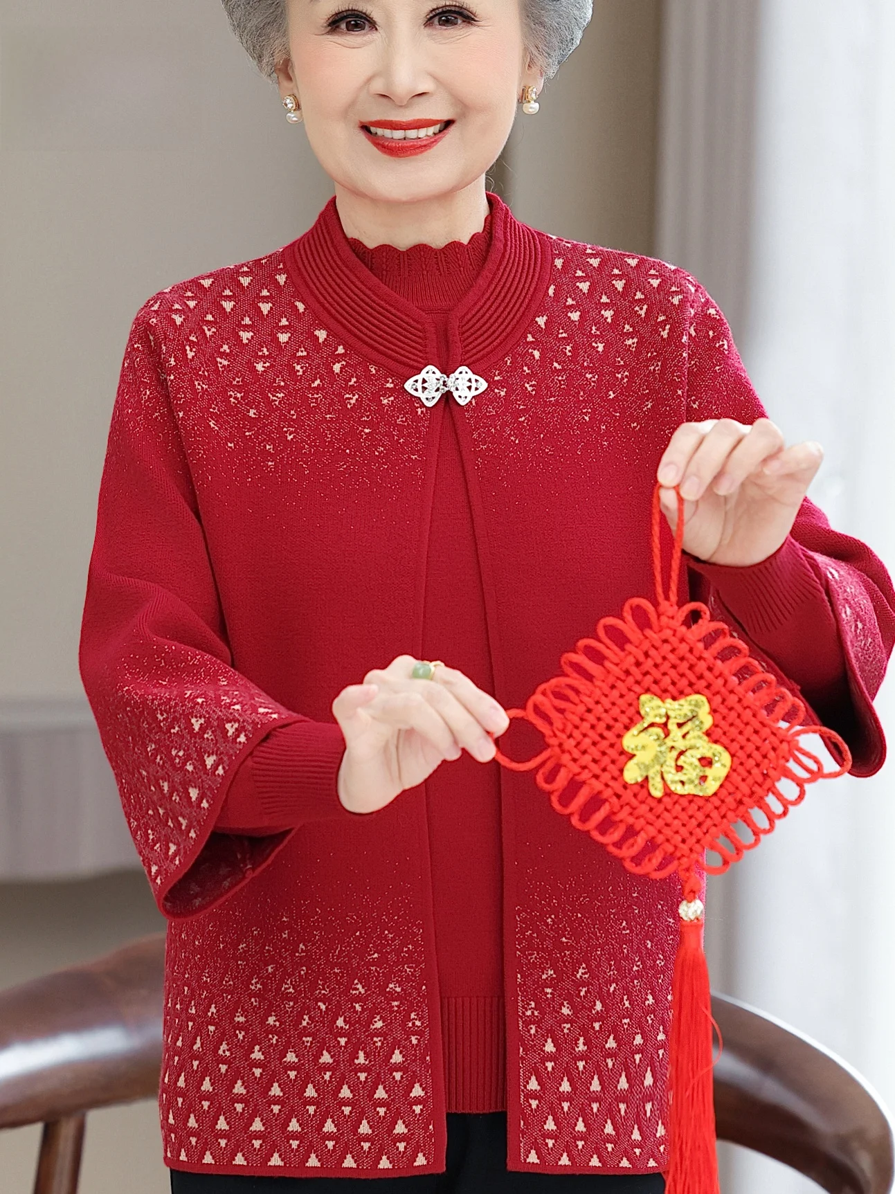 

Новый китайский вязаный открытый кардиган, пальто для женщин среднего возраста и ли, комплект из двух предметов с воротником-стойкой и одежда для мам