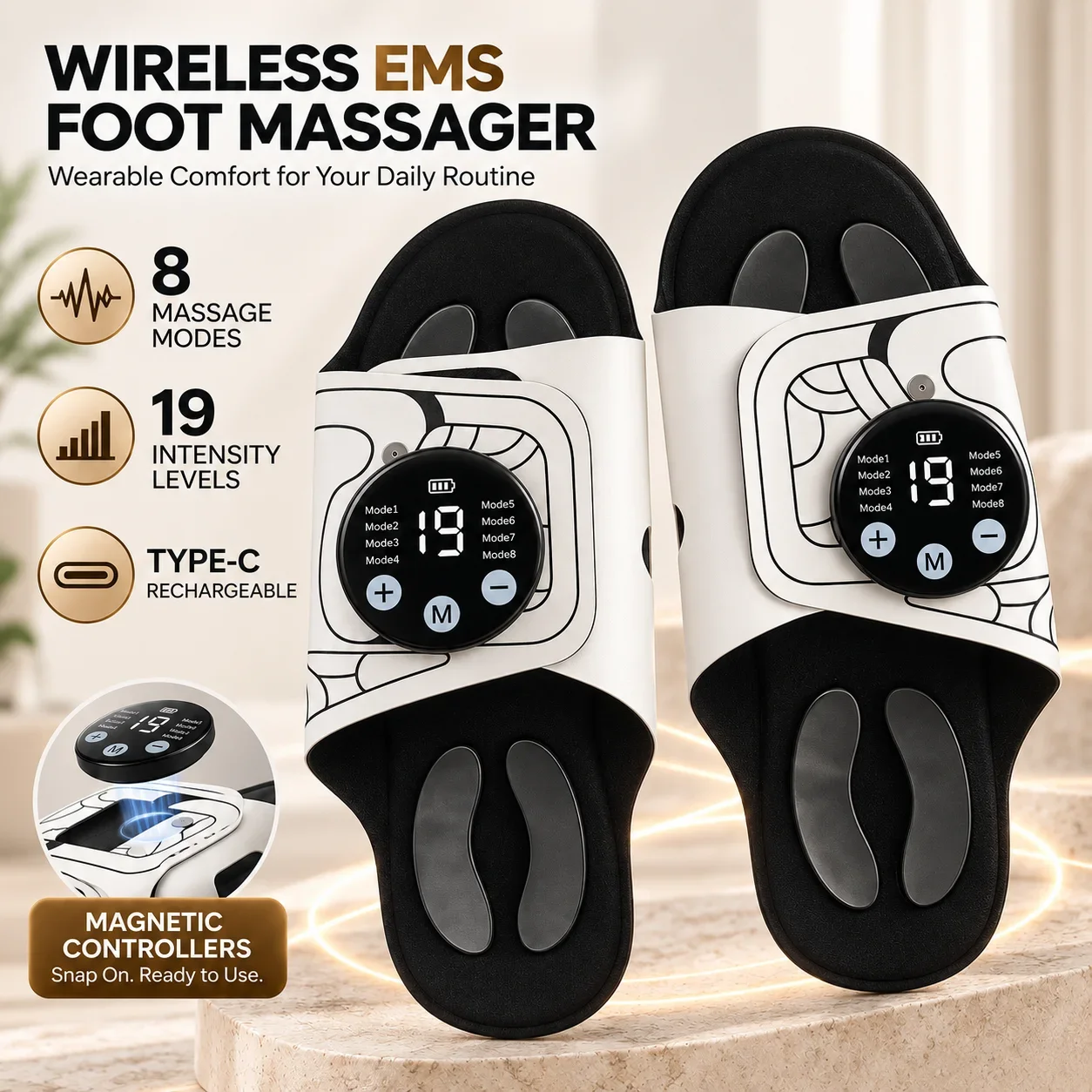 EMS Foot Massage Slippers 8 Modes 19 Levels Type-C Rechargeable Adjustable Open Toe Anti-Slip Foot Massager for Home