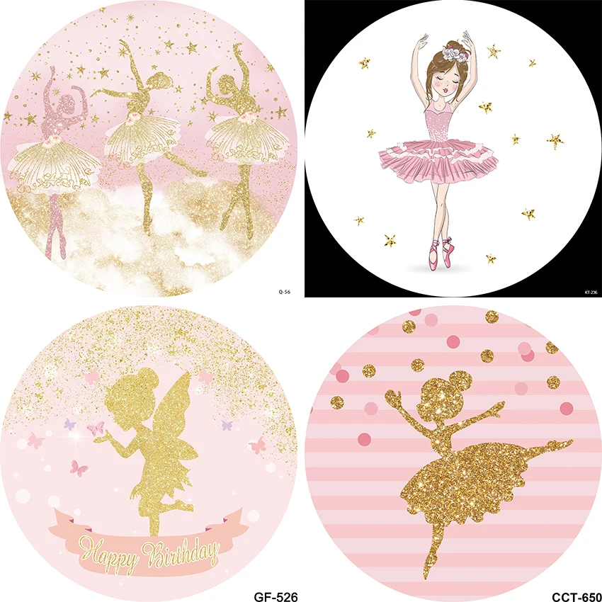 Ballet Girl Birthday Round Backdrop Cover Glitter Pink Flower Baby Shower Circle Background Plinth Covers Elastic